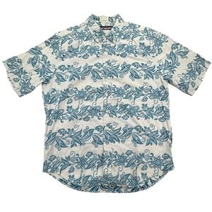 Reyn Spooner Shirt Mens Large Blue White Floral Hawaiian Button Up Aloha Cotton